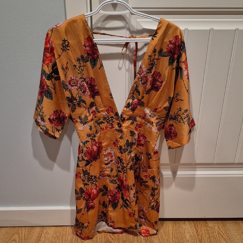 Honey Punch Floral Deep V-Neck Blouse - Mustard and Red